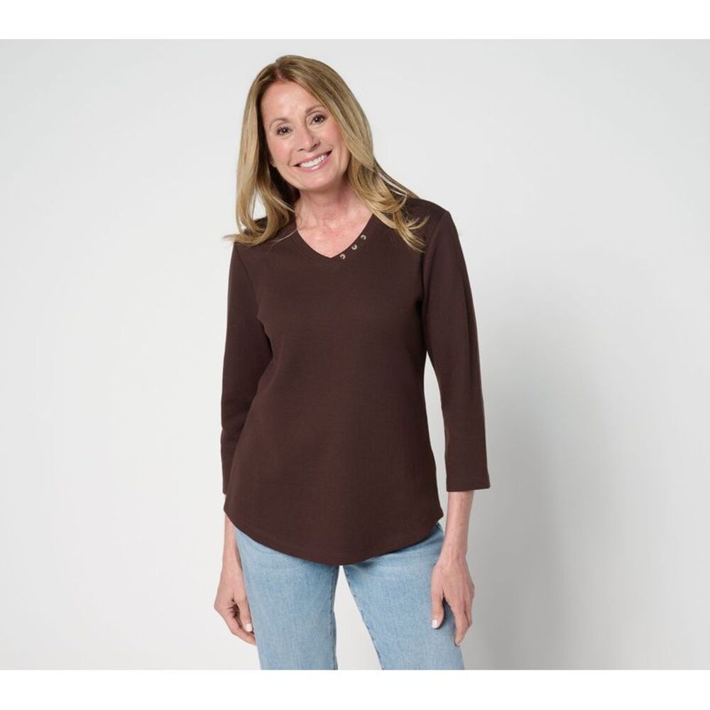 Denim & Co. Women's Top Sz M Essentials Waffle Knit V-Neck w Button Brown